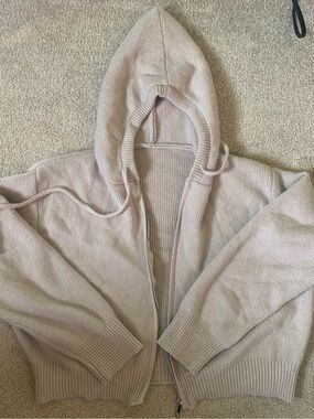 Cozy Hooded Zip-Front Knit Sweater - Light Beige